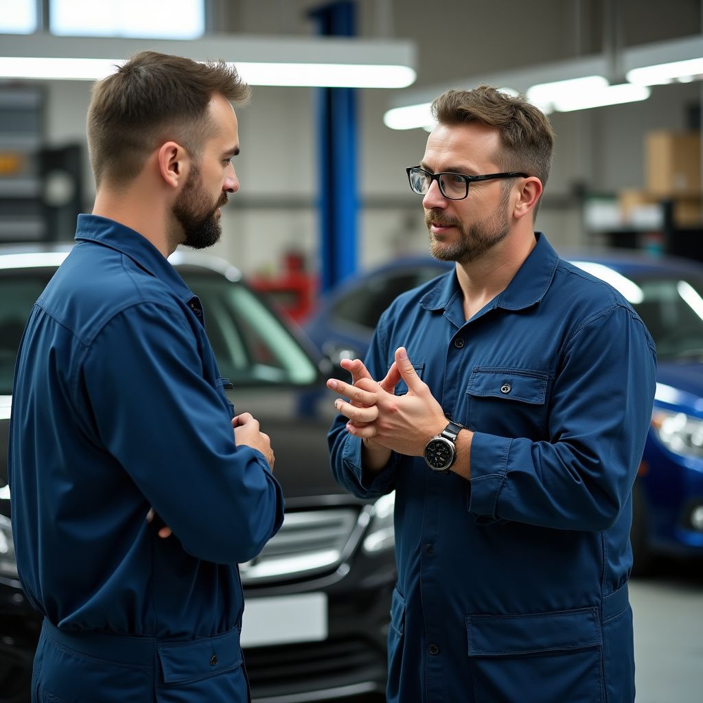 Mechanik s klientem diskutující o servisu vozu