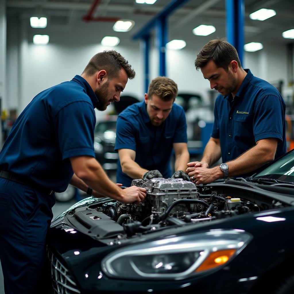 Tým mechaniků při práci na luxusním voze